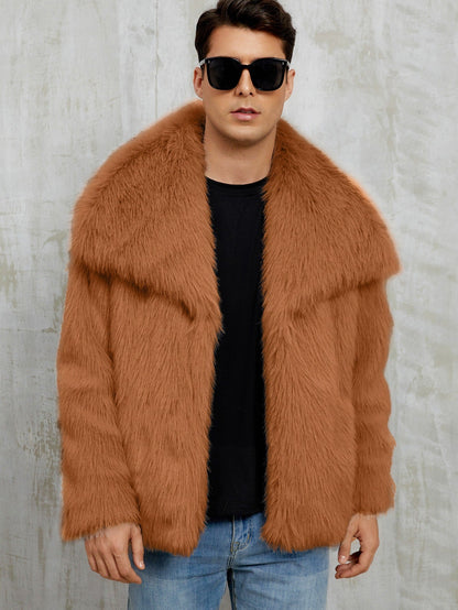 Mens Short Lapel-style Faux Fur Jacket Warm Outerwear