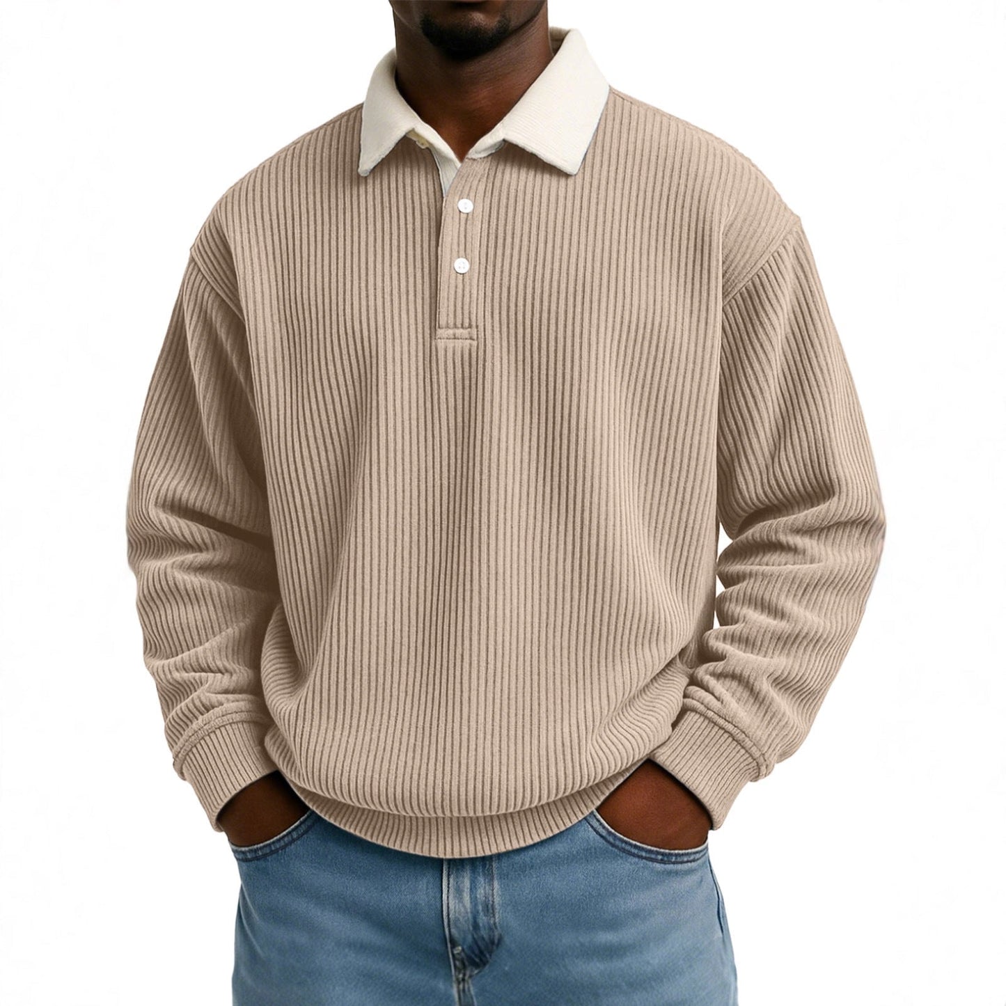 Mens Retro Color-block Corduroy Striped Casual Long-sleeve Shirt