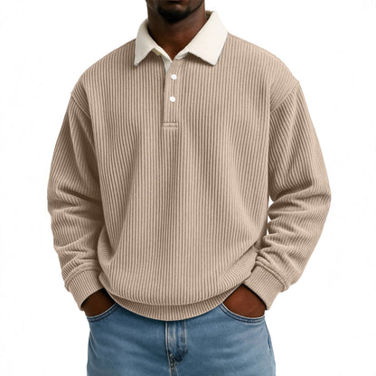 Mens Retro Color-block Corduroy Striped Casual Long-sleeve Shirt