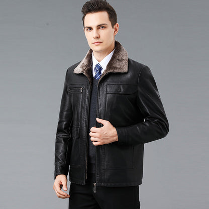 Genuine Leather And Fur One-piece Overcoat With A Lapel Lined With Fleece For Extra Warmth