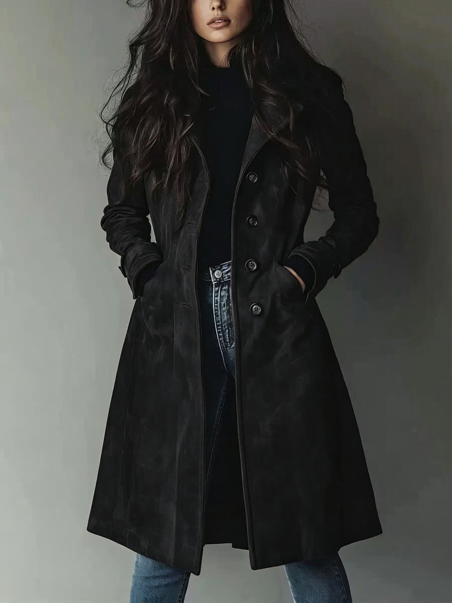 High Quality European American Style Women's Fall Winter Lapel Suede Mid-Length Trench Coat