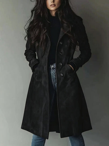 High Quality European American Style Women's Fall Winter Lapel Suede Mid-Length Trench Coat