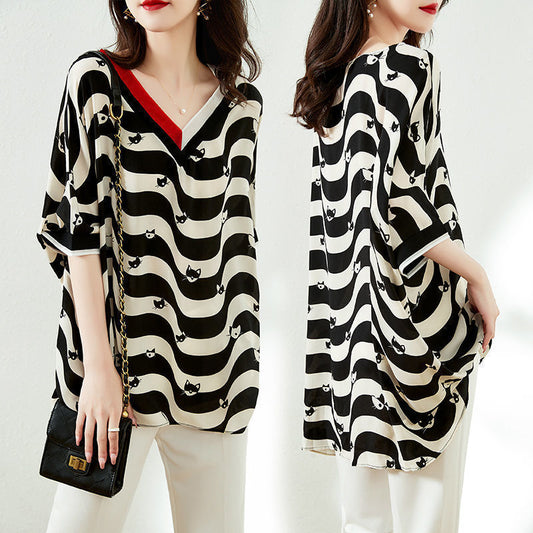 Striped Half Sleeve New Chiffon Shirt Women