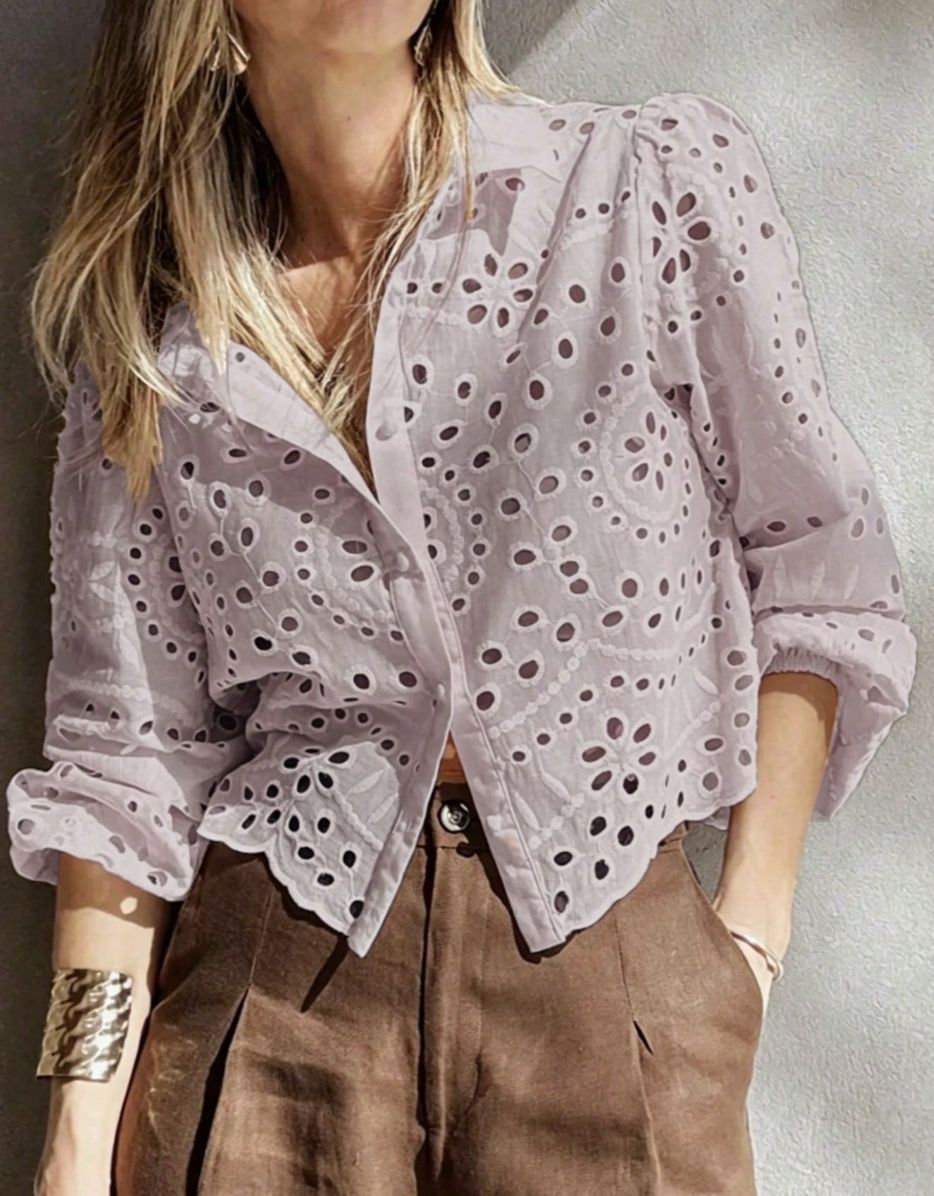 Women's Solid-color Loose-fit Hollow-out Embroidered Short Shirt