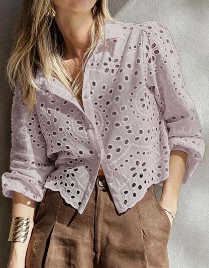 Women's Solid-color Loose-fit Hollow-out Embroidered Short Shirt