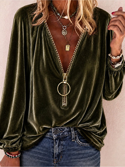 Anno Self-Designed 2026 Euro-American Women's Fashion Casual Velvet Zip Long Sleeve Sweatshirt Top