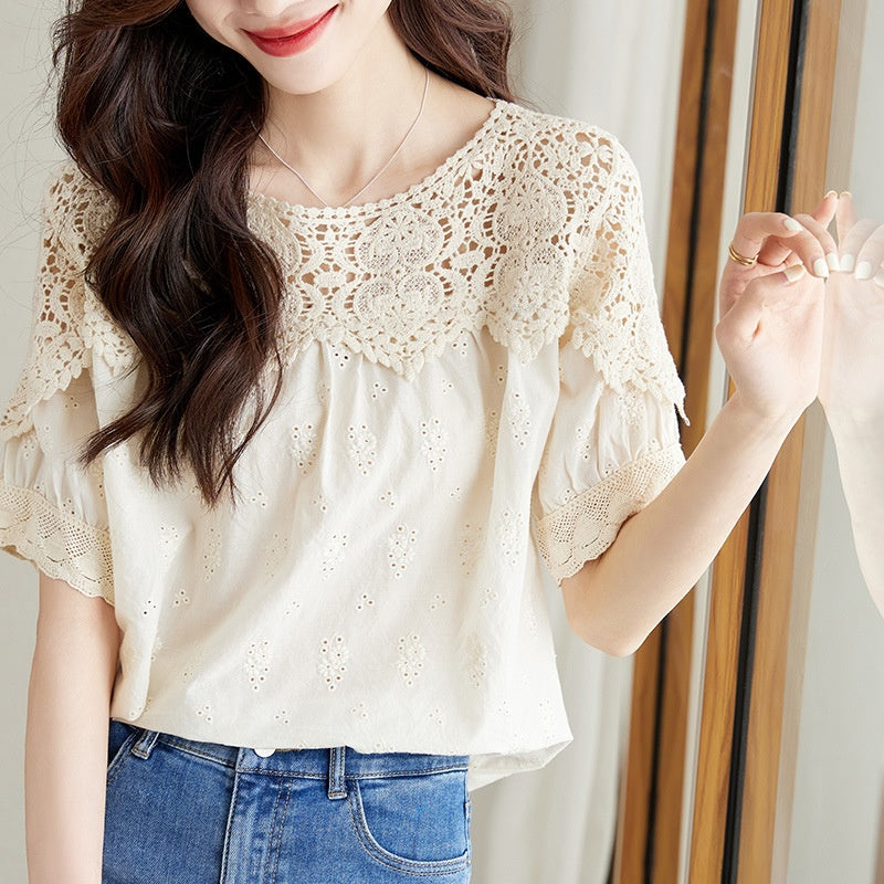 Apricot Lace Hollow-Out Blouse Womens Top