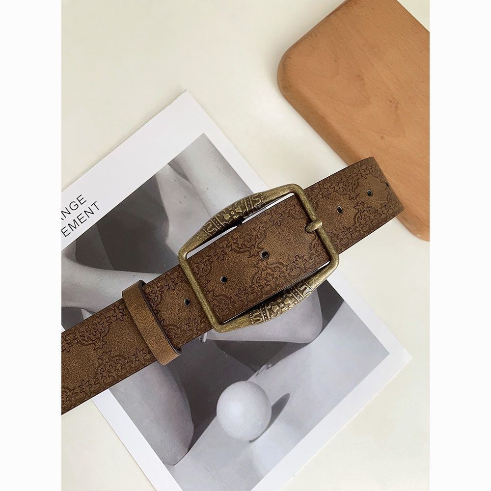 American-style Vintage Embossed Distressed Leather Belt With A Bronze Buckle, Versatile For Jeans