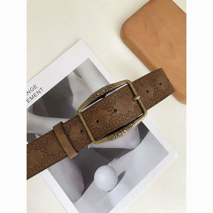 American-style Vintage Embossed Distressed Leather Belt With A Bronze Buckle, Versatile For Jeans