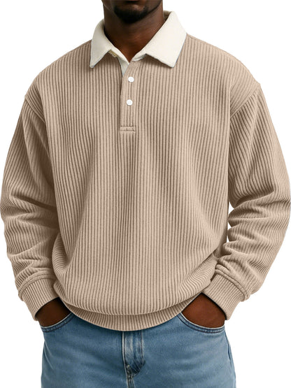 Mens Retro Color-block Corduroy Striped Casual Long-sleeve Shirt