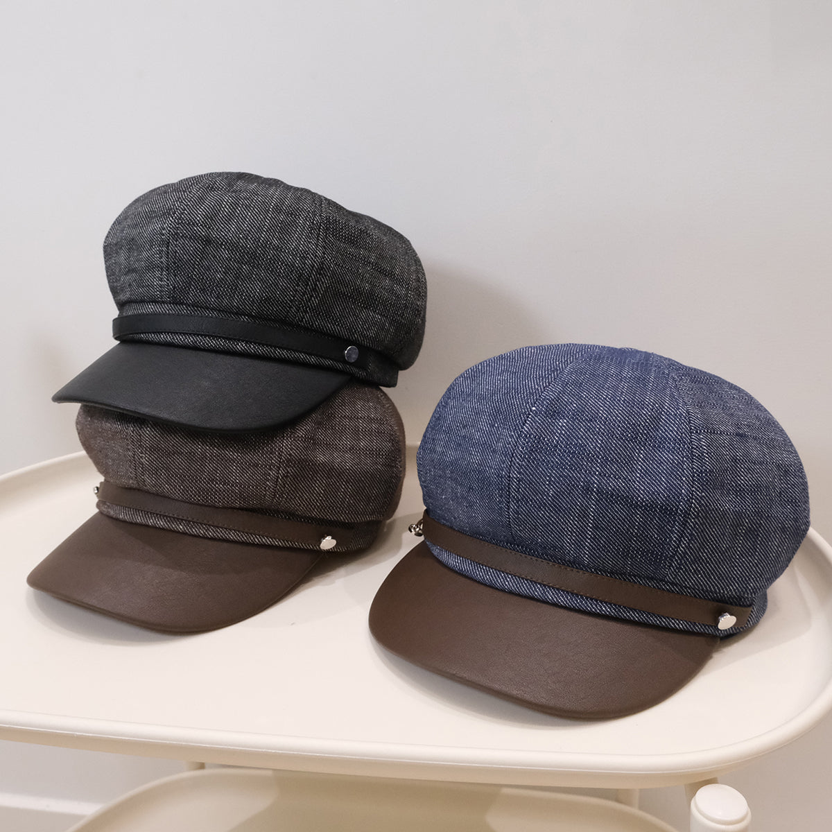 Cross-border Fashion Retro Denim Patch PU Leather Belt Buckle, Newsboy Hat, Casual And Versatile, Artistic Style Painter's Hat