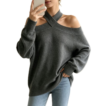Halterneck Off-shoulder Knitted Pullover For Women