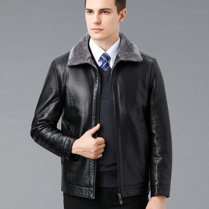 Genuine Leather And Fur One-piece Overcoat With A Lapel Lined With Fleece For Extra Warmth