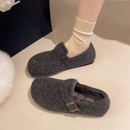 Leopard Print Furry Clogs Women Buckle Strap Warm Fleece Lined Slip On Flat Shoes