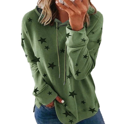 Women's Star Print Drawstring Hoodie, Long Sleeve Side Slit Casual Hooded Sweatshirt With Pockets