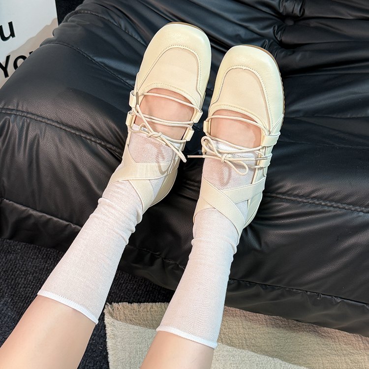 Ballet-style Leather Training Shoes For Women, Soft Sole Lace-up Sports Shoes, Casual Flat Shoes, French Round-toe Low-top Mary Jane Shoes
