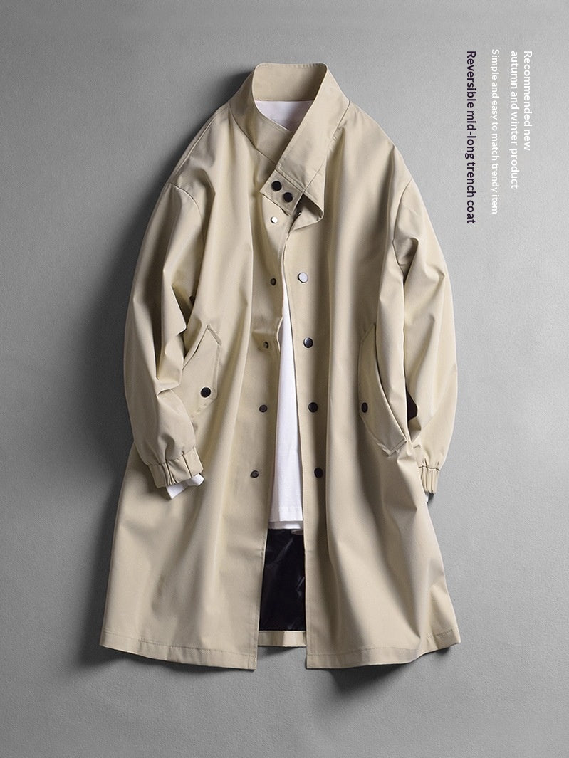 Mens Stand-Neck Single-Breasted Trench Coat Loose-Fit Casual Lapel Jacket