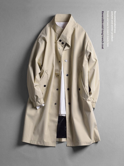 Mens Stand-Neck Single-Breasted Trench Coat Loose-Fit Casual Lapel Jacket