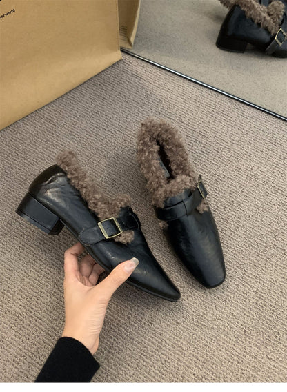 Block Heel Mary Jane Women Shoes Fleece Lined Pumps 2025 Autumn Winter New Warm Deep Mouth Shoes Furry Shoes Outdoor Cotton Shoes