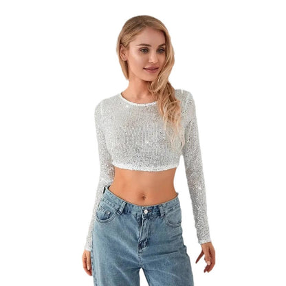 Fashionable Beaded T-shirt Sequined Slim-fit Crop Top