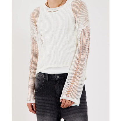 Mens Hollow-out Slightly Sheer Long-sleeve Top