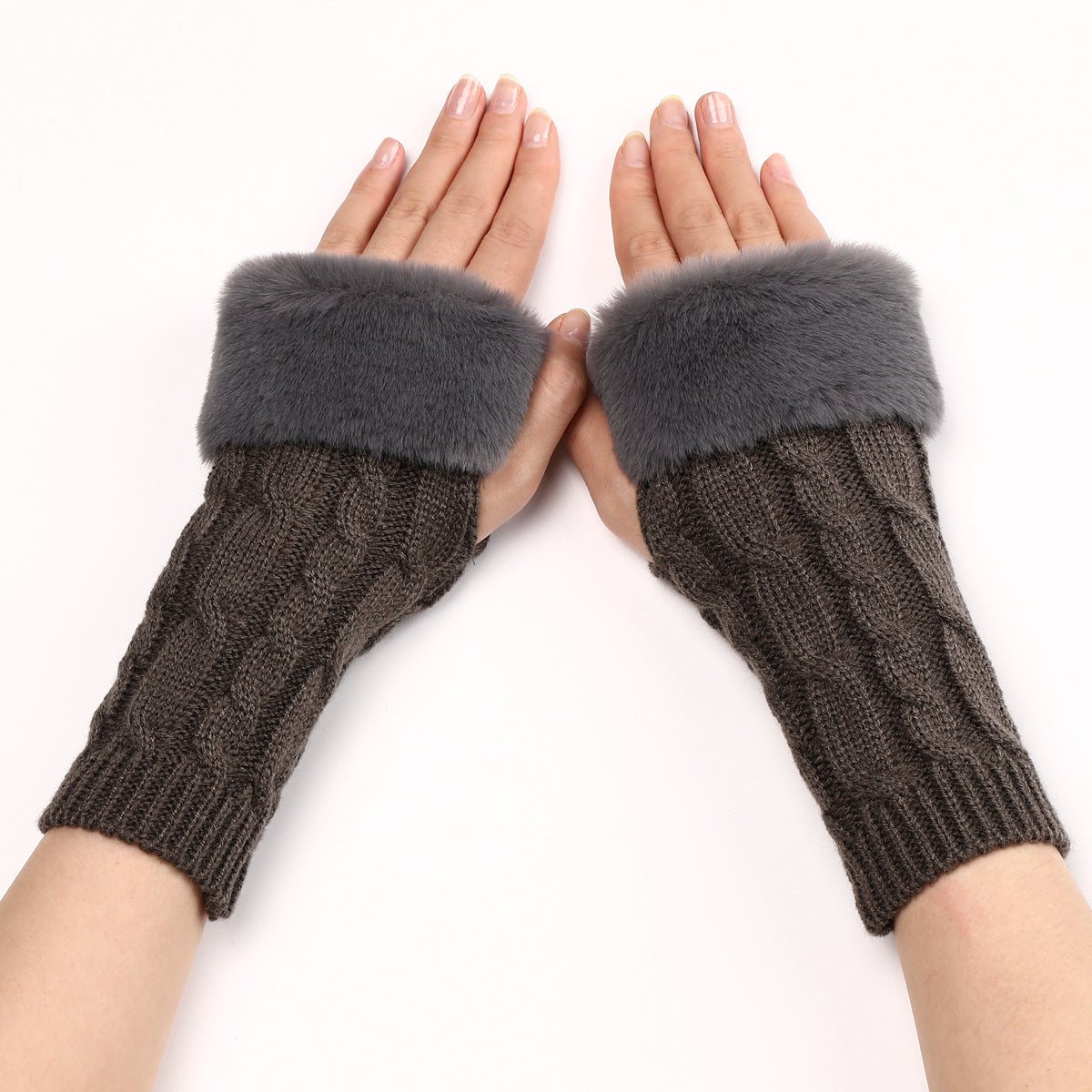 Women's Cable Knit Arm Warmers - Open End Half Finger Gloves with Wool Lining for Fall Winter Cold Weather