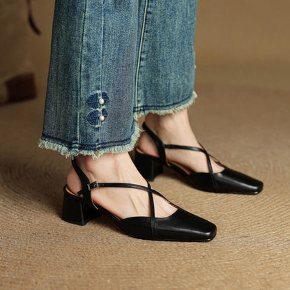 Women's Tendon Soft Bottom Mid Heel Sandals Closed Toe Casual