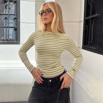 Stylish Crew-neck Long-sleeve Striped Slim-fit Top