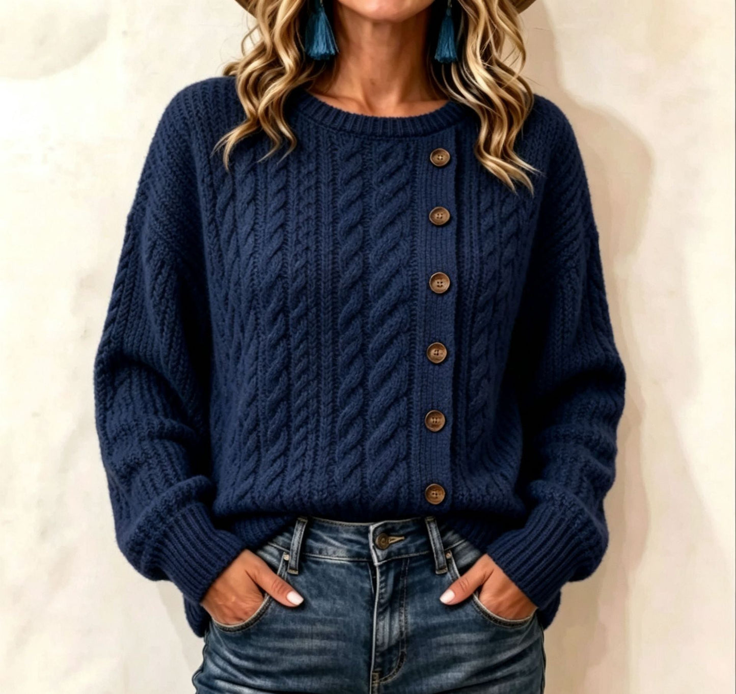 Womens Knitted Casual Comfortable Long-Sleeve T-Shirt With Buttons