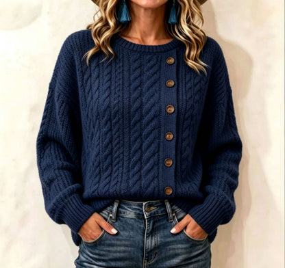Womens Knitted Casual Comfortable Long-Sleeve T-Shirt With Buttons