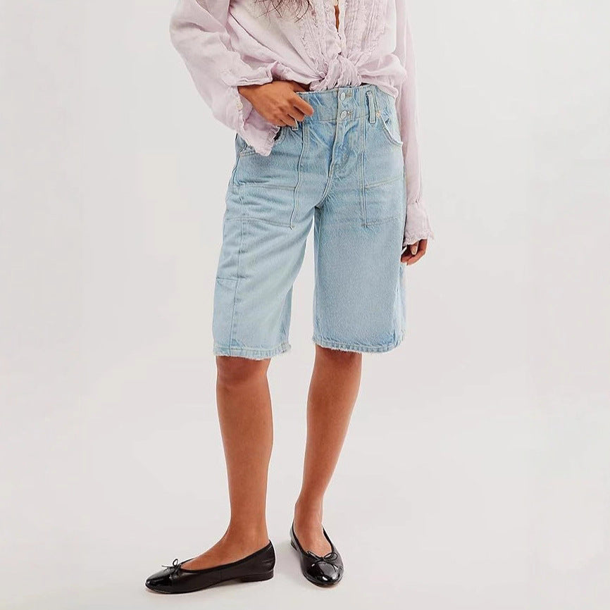 European And American Retro Washed Blue Denim Straight- Leg Cropped Pants
