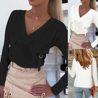 Women VNeck Long Sleeve Blouse Casual Loose Top With Decor Flap Pockets