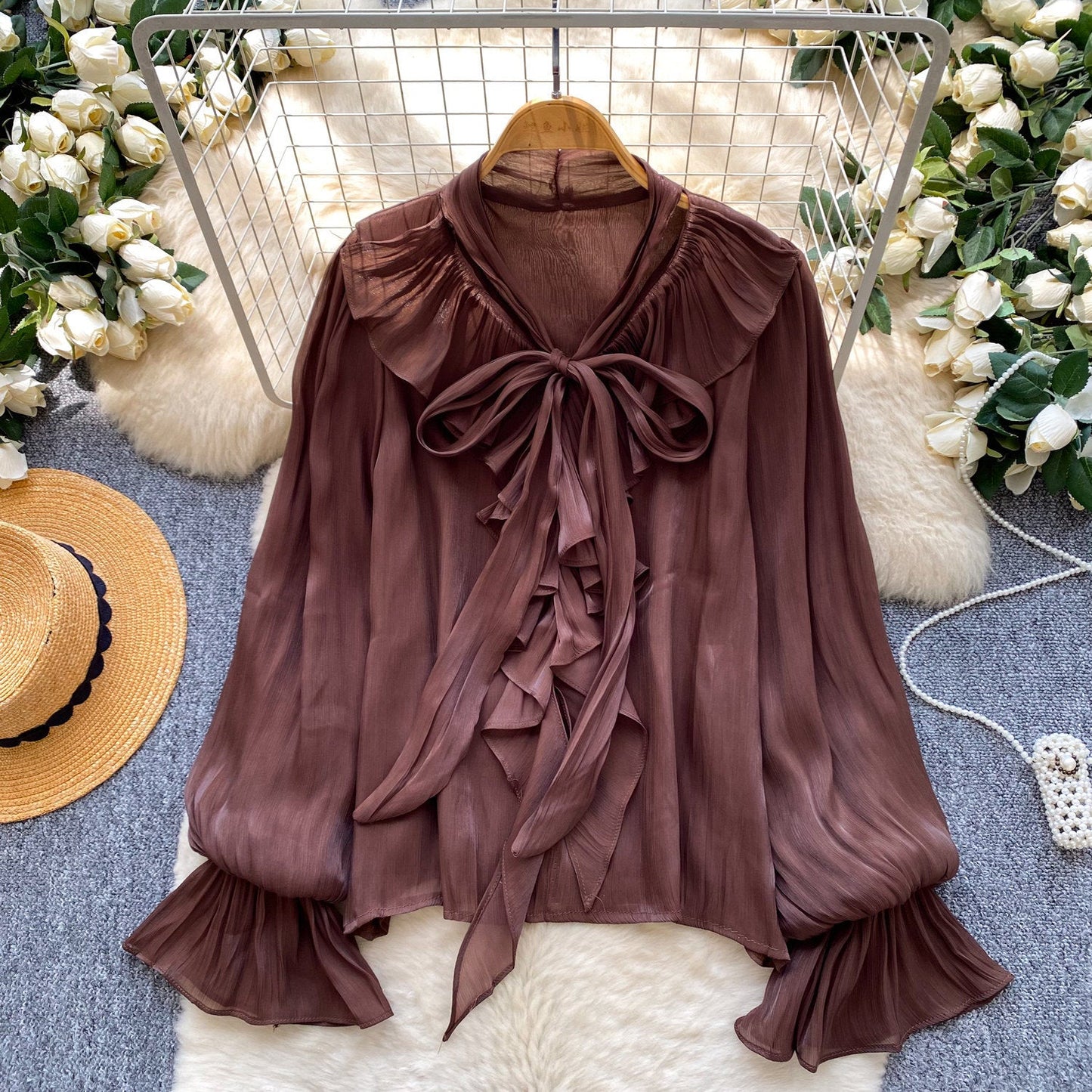 Womens Solid-Color Loose Shirt With Bow Tie Belt