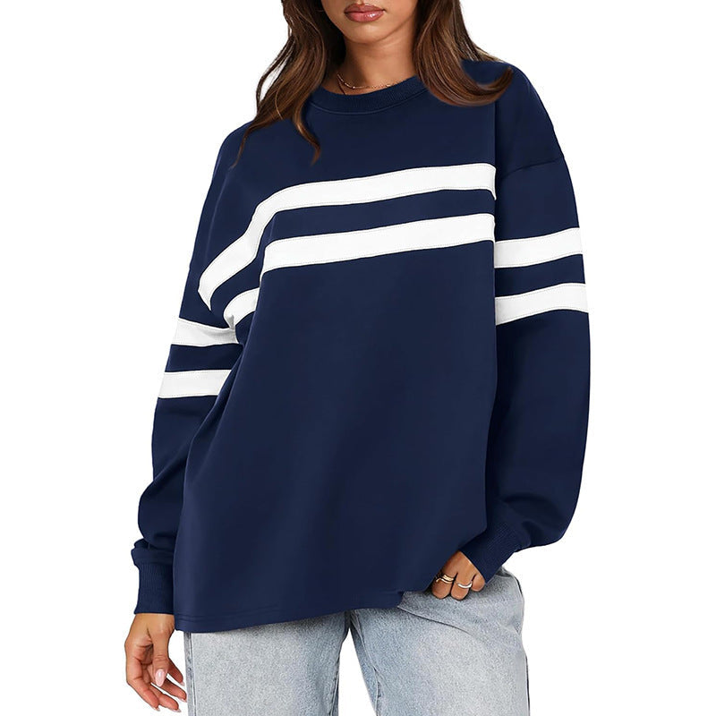 Fashionable Womens Fallwinter Casual Patchwork Striped Sweatshirt