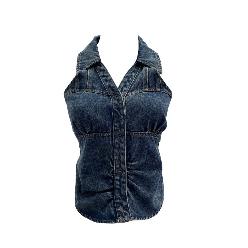 Neck-hanging V-neck Denim Vest Sleeveless Top For Women
