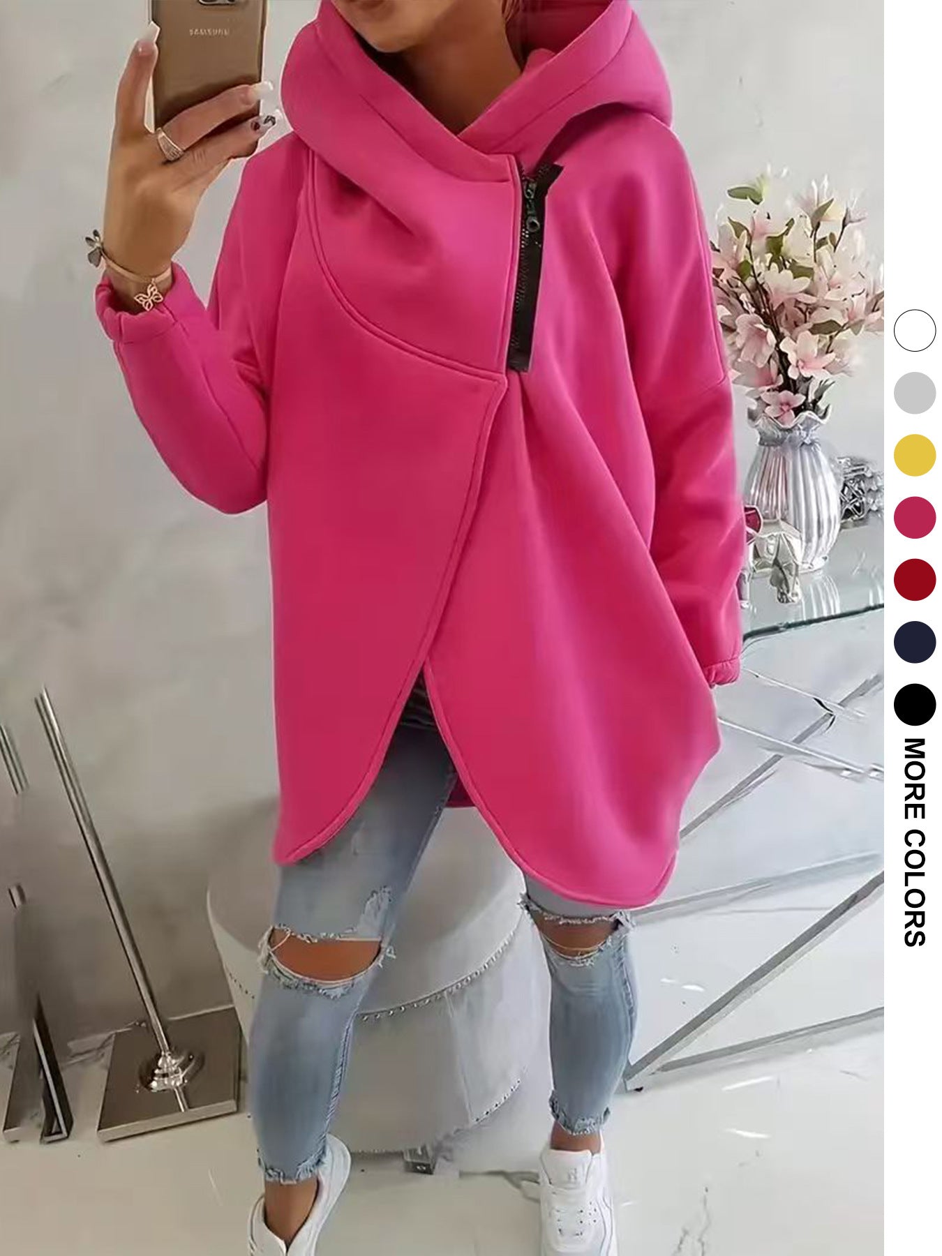 Womens Solid-color Long-sleeve Casual Hooded Sweatshirt