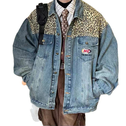 Mens Leopard-print Patchwork Denim Shirt Jacket