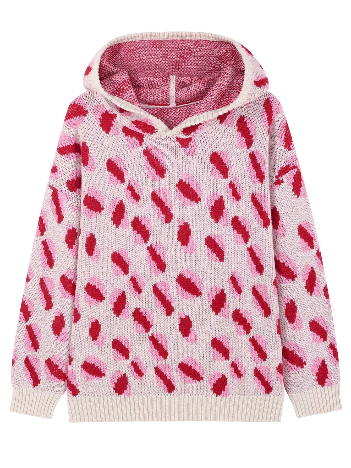 Women Casual Drop Shoulder Hooded Knit Top Pink Leopard Pattern Wool Blend Sweater