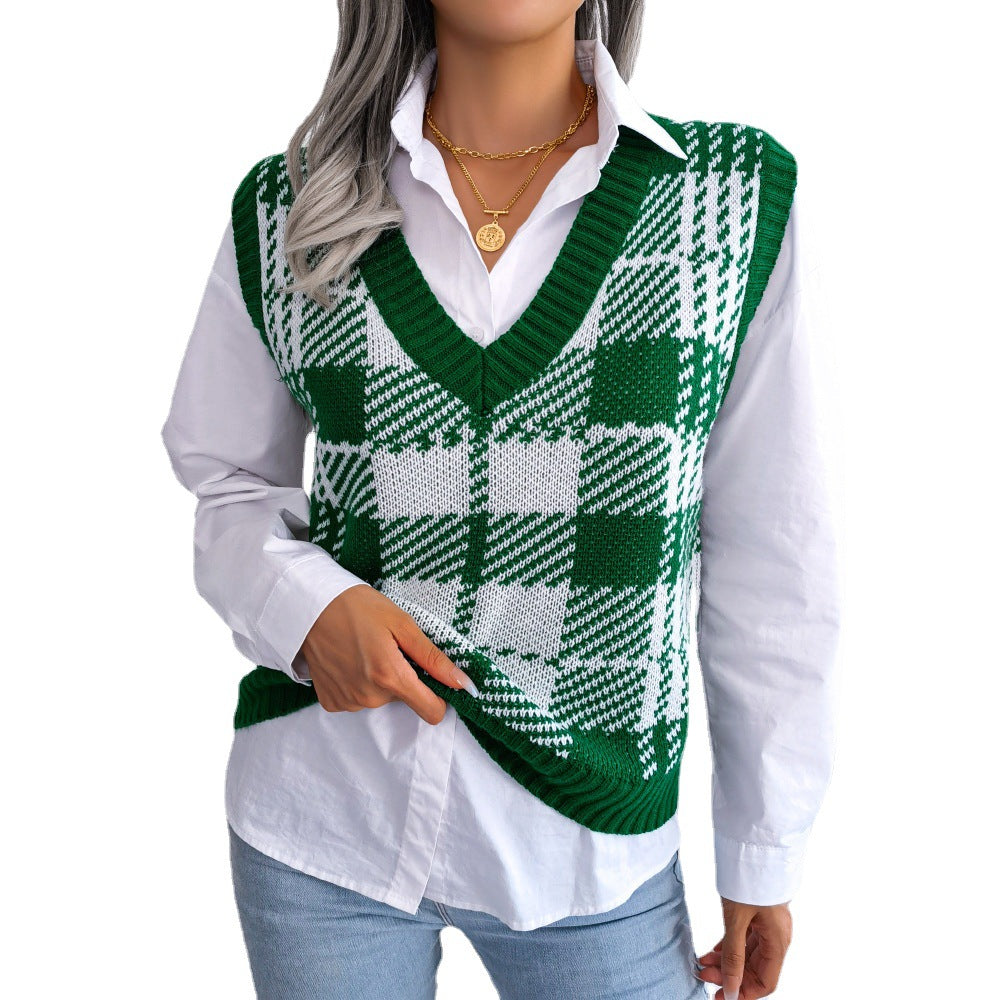 Color-block Plaid Knitted Vest Sweater Waistcoat For Women