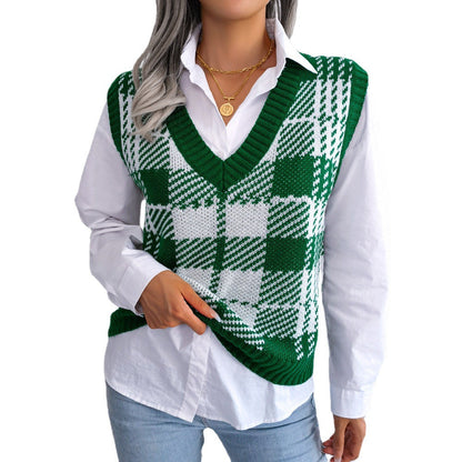 Color-block Plaid Knitted Vest Sweater Waistcoat For Women