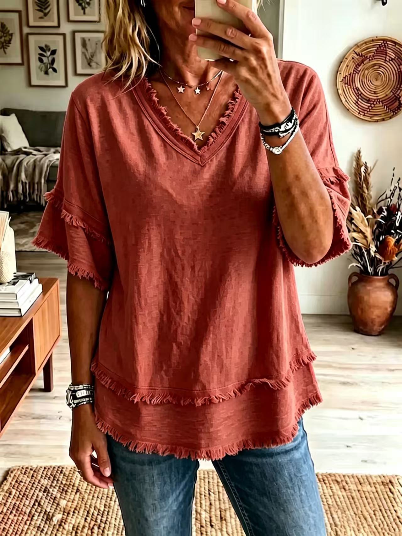 Casual Women's Shirt V-Neck Short Sleeve Loose Fit Pure Color Summer Fashion Trend Pullover Tops For Daily Wear