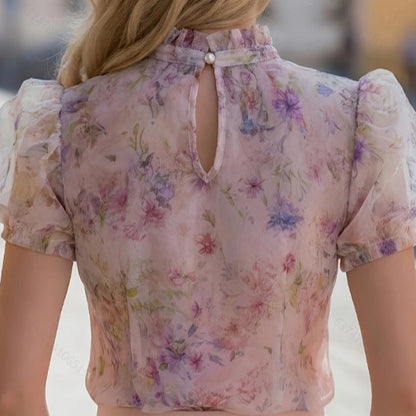 Sweet Lace-trimmed Floral Chiffon Printed Short-sleeved Top