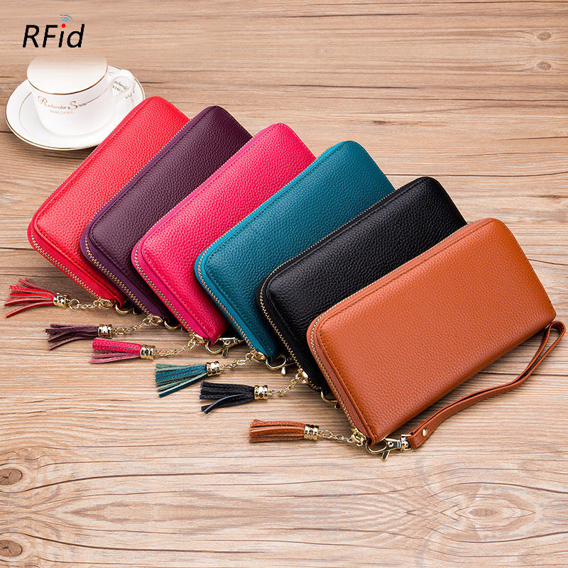 Womens Tassel First-Layer Leather Anti-Scanning Zipper Wallet