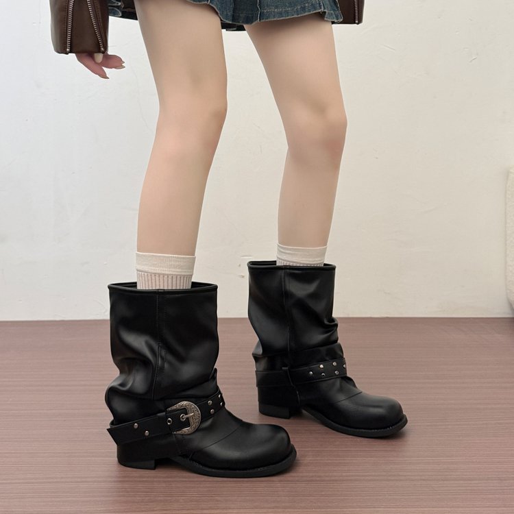 Women's Genuine Leather Ruched Western Cowboy Martin Boots, 2026 Autumn New Arrival, Versatile Platform Chunky Heel Pants Shaft Ankle Boots