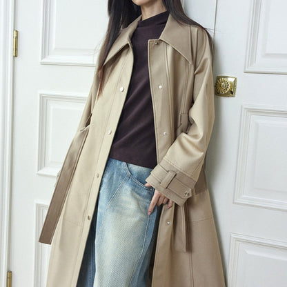 Vintage High-end Leather-patchwork Mid-length Trench Coat For Women