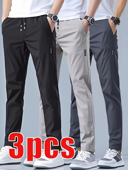 Mens Casual Straight-leg Long Pants With Quick-drying Elastic Waistband