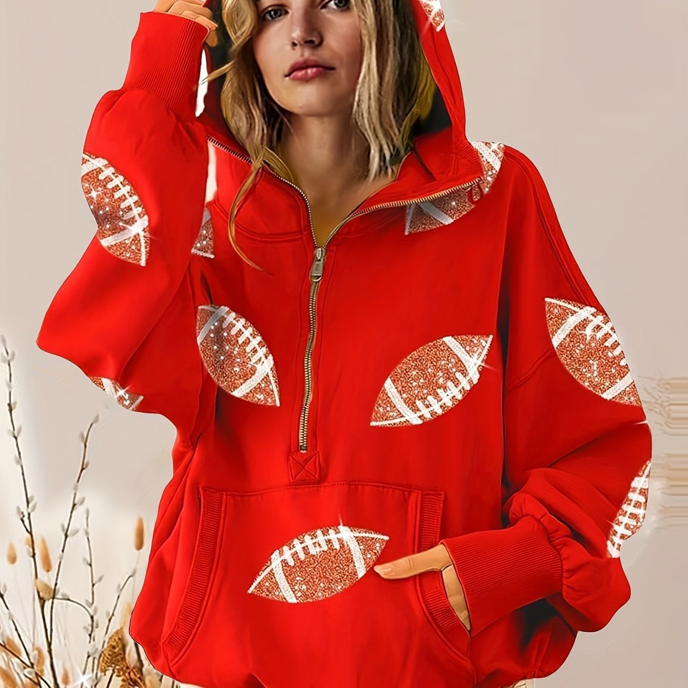Football Digital Print Hoodie With Long Sleeves And A Zipper