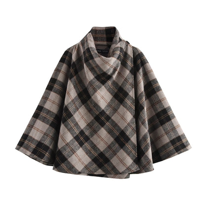 Womens Blended Fabric Plaid Cape Coat