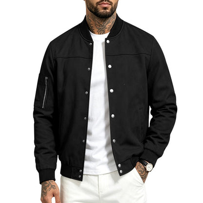 Mens Suede-Blend Casual Sporty Stand-Neck Jacket With Buttons