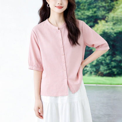 Retro Cotton-linen Blouse For Women Three-quarter Sleeves Arrival Round Neck